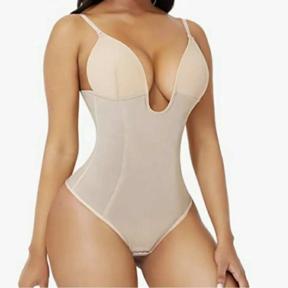 FeelinGirl Women Beige Deep V Plunge Shapewear Bodysuit Thong XL NWT